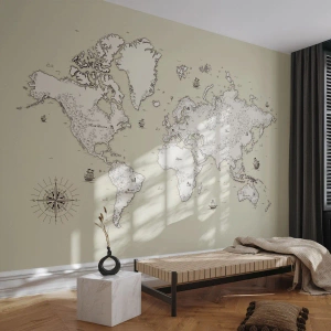 Självhäftande Fototapet Deluxe Sticker - Världen runt - Världskarta, Kontinenter, Pirat skepp - 250x175 cm