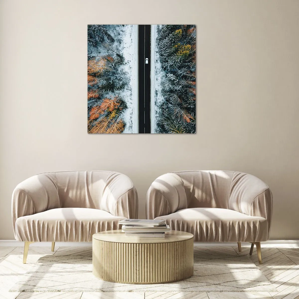 Glastavla - Bild på glas - Genom vinterskogen - 40x40 cm
