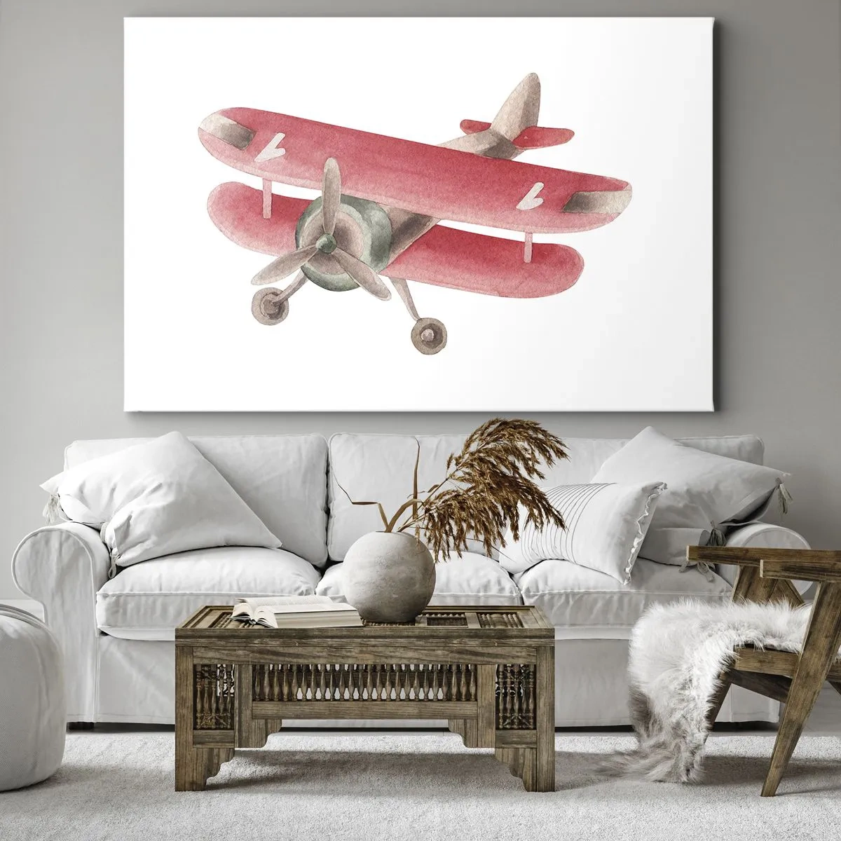 Canvastavla - Bild på duk - Rött retroflygplan på en vit bakgrund - 70x50cm - Redo att flyga högt - Modern väggdekoration för vardagsrum och sovrum ARTTOR