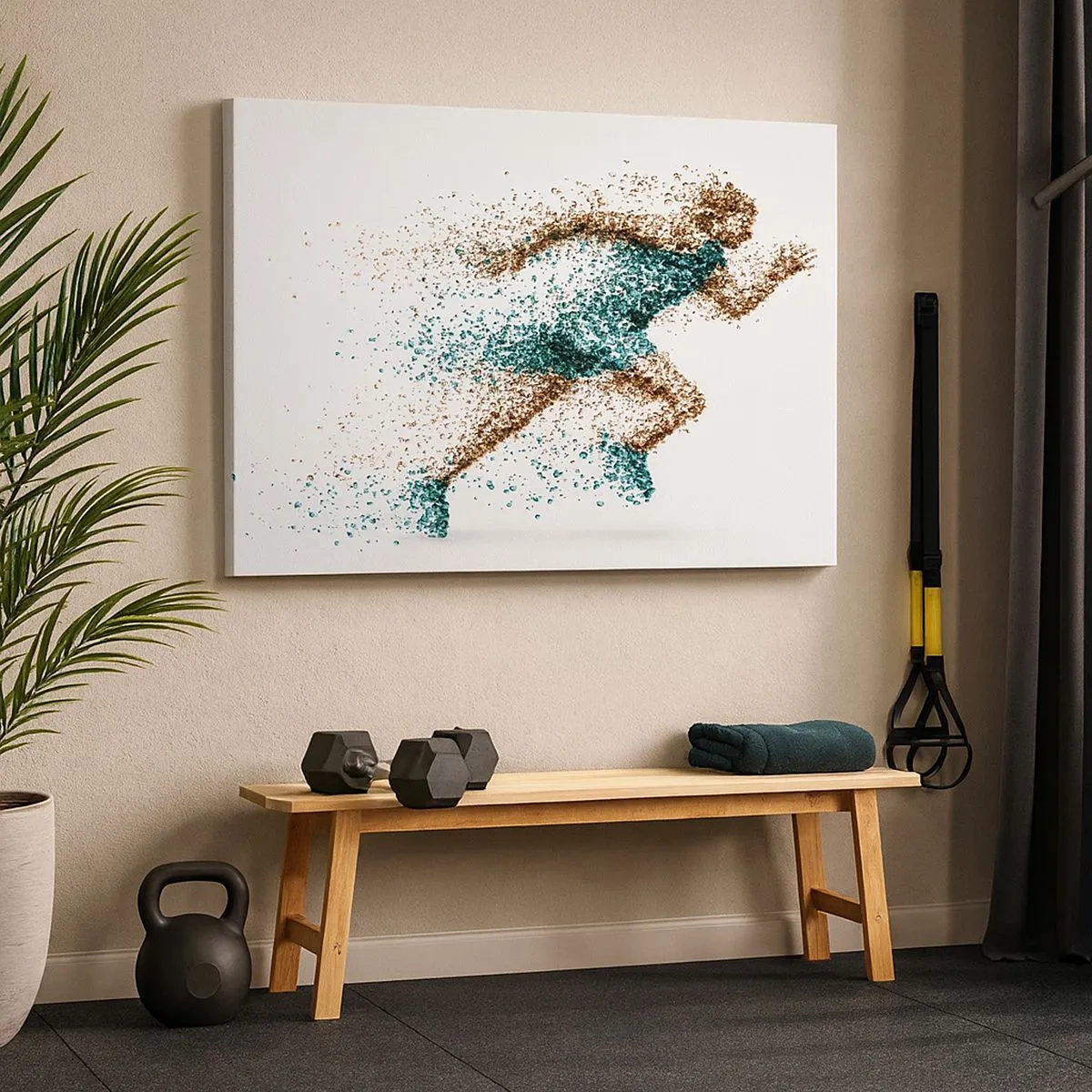 Canvastavla - Bild på duk - En dynamisk löparfigur bestående av små partiklar - 70x50cm - Livet är ett lopp - Modern väggdekoration för vardagsrum och sovrum ARTTOR