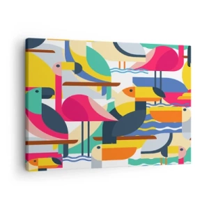 Canvastavla - Bild på duk - Färgglada fåglar i en abstrakt, geometrisk komposition - 70x50cm - Fågelparty - Modern väggdekoration för vardagsrum och sovrum ARTTOR
