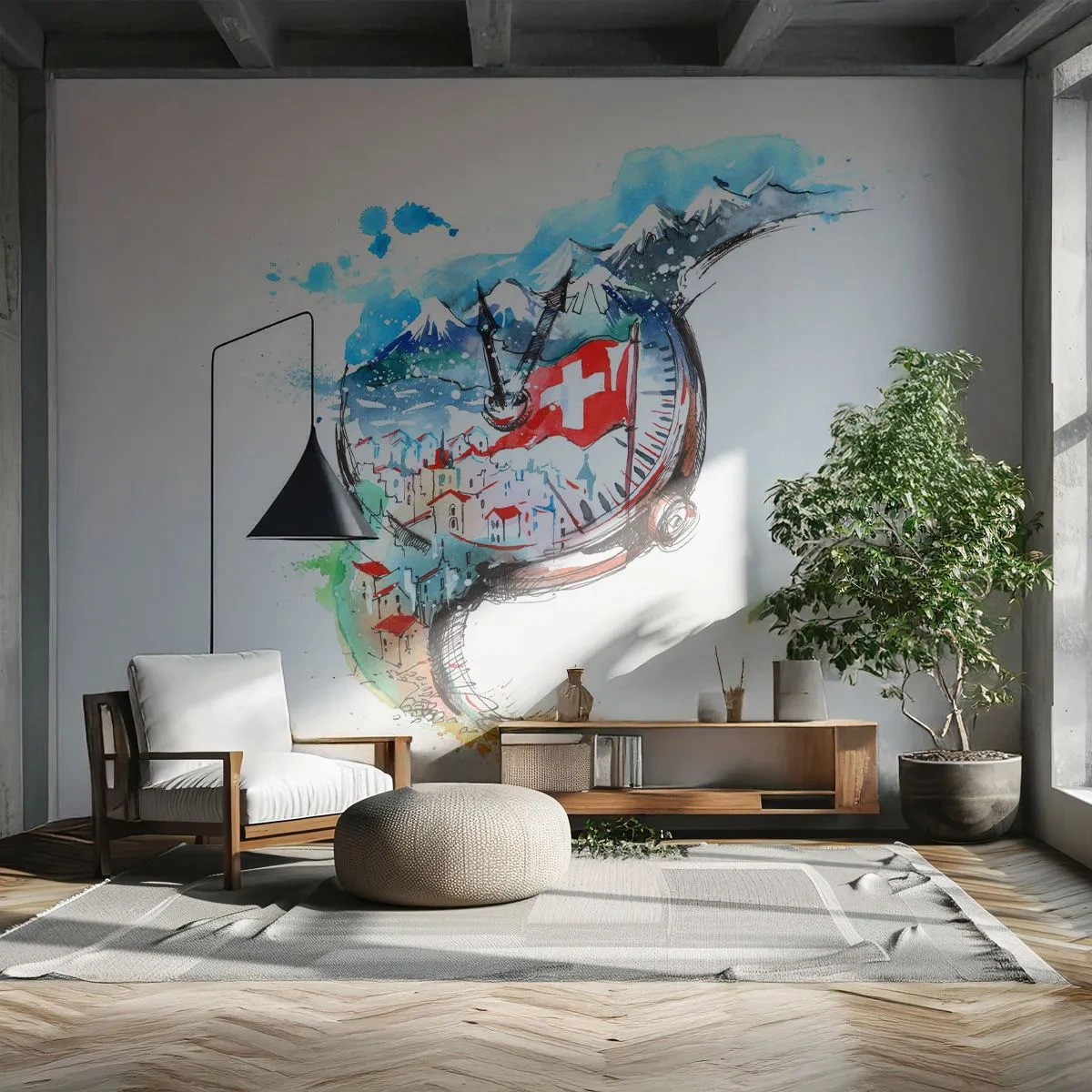 Fototapet Standard Eco - En klocka med ett landskap av de schweiziska alperna och en flagga - 100x70cm - Schweiz anda - Modern väggdekoration för vardagsrum och sovrum ARTTOR