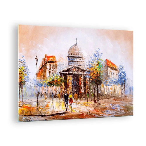 Glastavla - Bild på glas - En pittoresk stadsgata med en historisk byggnad i bakgrunden - 70x50cm - Promenad i Paris - Modern väggdekoration för vardagsrum och sovrum ARTTOR