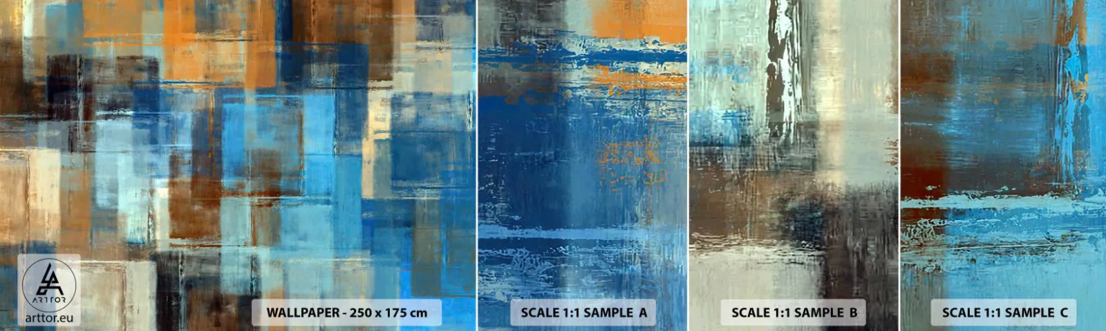 Provbit av självhäftande fototapet Deluxe Sticker - Genom blåa gardinen - Abstraktion, Bit, Måla - 100x30 cm