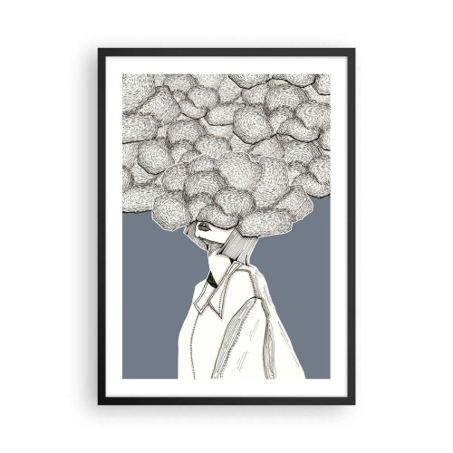 Affisch i svart ram - En figur med ett moln istället för ett huvud, stiliserad i grå nyanser. - 50x70cm - Med huvudet i molnen - Modern väggdekoration för vardagsrum och sovrum ARTTOR