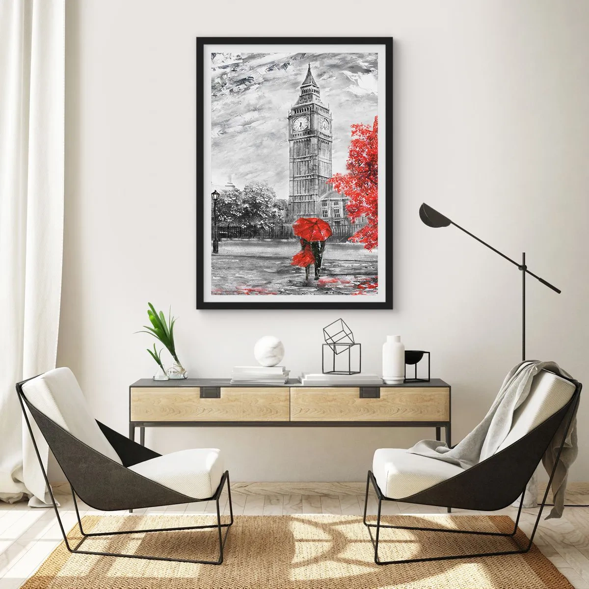 Affisch i svart ram - Klocktorn med rött paraply - 50x70cm - Spännande dag - Modern väggdekoration för vardagsrum och sovrum ARTTOR