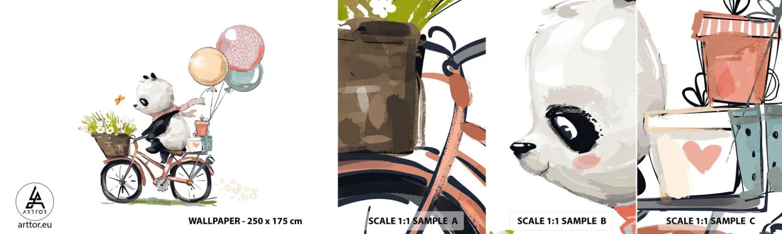 Fototapet Prov Standard Eco - Lycklig dag - För barn, Panda På En Cykel, Abstraktion - 100x30 cm