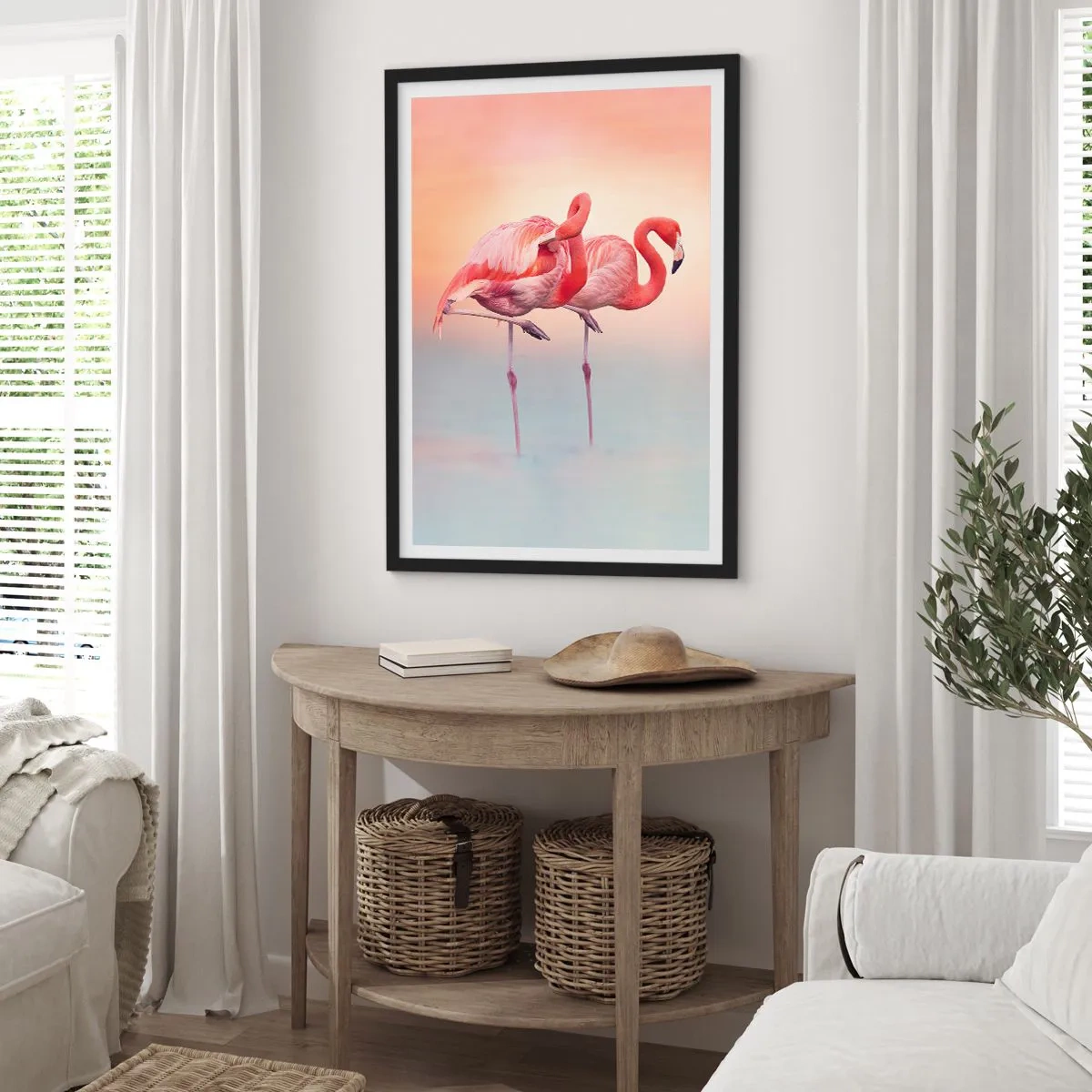 Affisch i svart ram - Flamingos mot en pastellfärgad solnedgångsbakgrund - 50x70cm - I solnedgångens färg - Modern väggdekoration för vardagsrum och sovrum ARTTOR