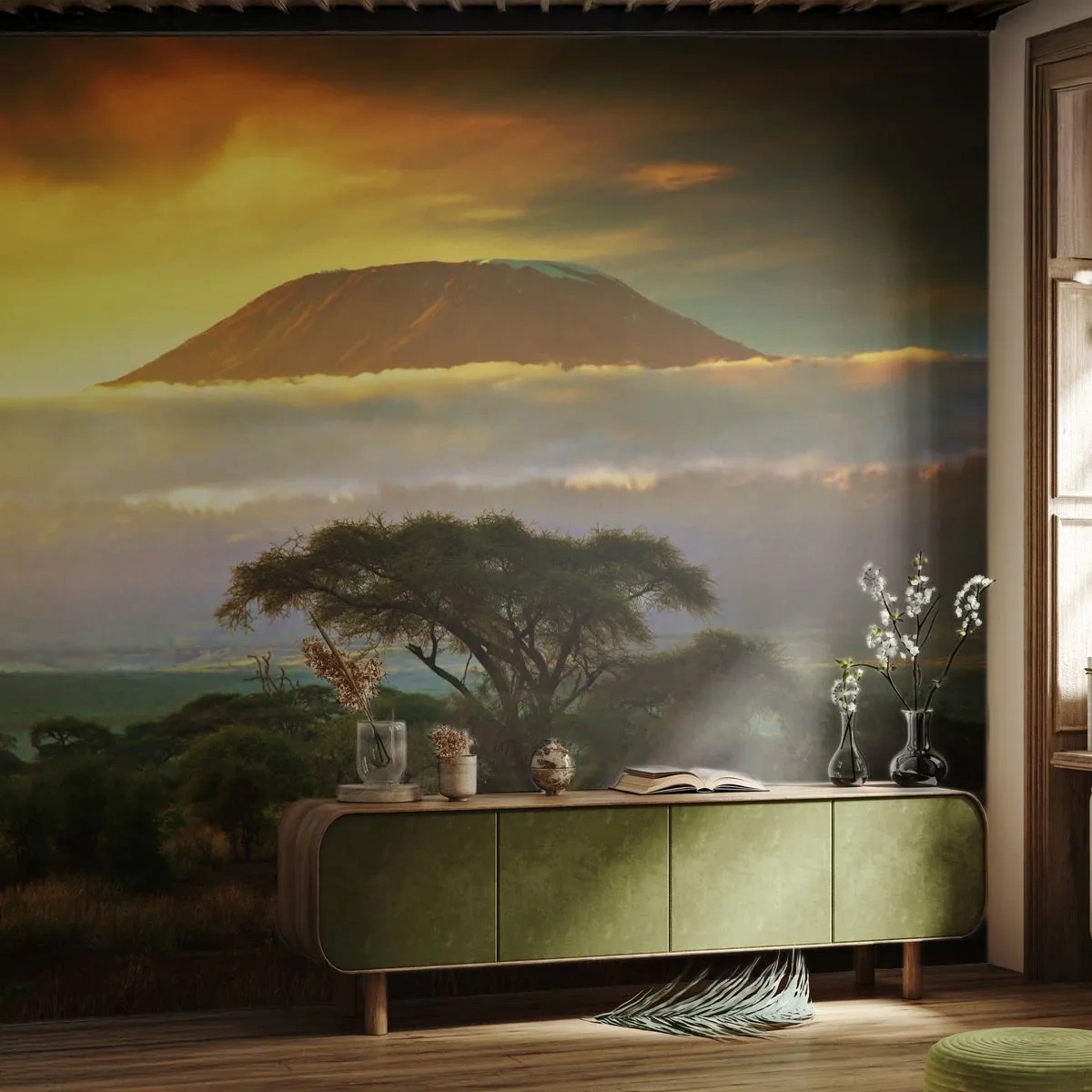 Fototapet Standard Eco - Afrikanskt landskap med Kilimanjaro i solnedgången - 100x70cm - Resenärens dröm - Modern väggdekoration för vardagsrum och sovrum ARTTOR