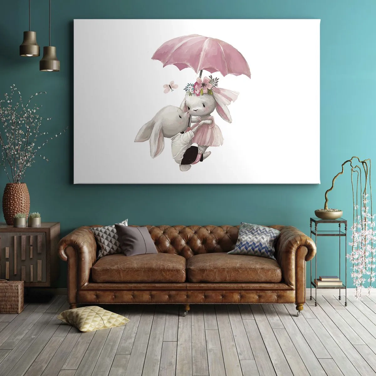 Canvastavla - Bild på duk - Söta kaniner under ett rosa paraply - 70x50cm - Det är just kärlek - Modern väggdekoration för vardagsrum och sovrum ARTTOR