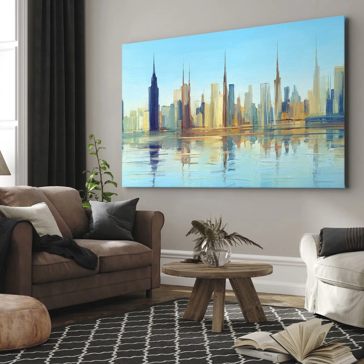 Canvastavla - Bild på duk - Ett panorama över staden i varma färger med reflektion i vattnet - 70x50cm - Solig metropol - Modern väggdekoration för vardagsrum och sovrum ARTTOR