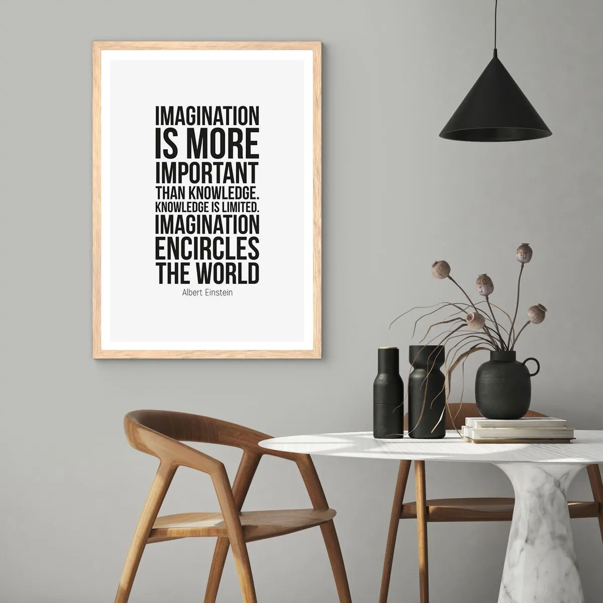 Affisch i ram av ljusek - Einstein om fantasins styrka - 30x40 cm