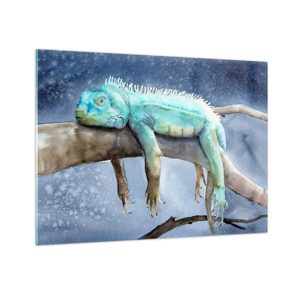 Glastavla - Bild på glas - Blå leguan liggande på en gren i akvarellstil - 70x50cm - Det är bra! - Modern väggdekoration för vardagsrum och sovrum ARTTOR