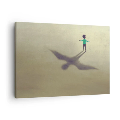 Canvastavla - Bild på duk - En symbolisk figur av ett barn med en fågelskugga mot en bakgrund i varma nyanser. - 70x50cm - Framtidens hjälte - Modern väggdekoration för vardagsrum och sovrum ARTTOR