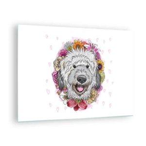 Glastavla - Bild på glas - Illustration av en hund omgiven av blommor - 70x50cm - Valpglädje - Modern väggdekoration för vardagsrum och sovrum ARTTOR
