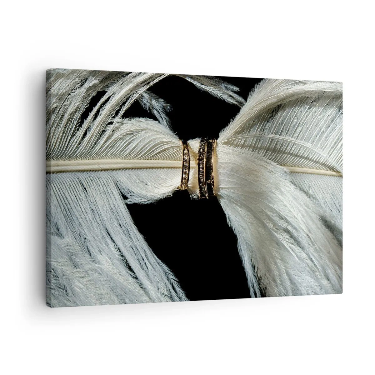 Canvastavla - Bild på duk - En vit fjäder med två guldringar på svart bakgrund - 70x50cm - ...och jag lämnar inte dig… - Modern väggdekoration för vardagsrum och sovrum ARTTOR