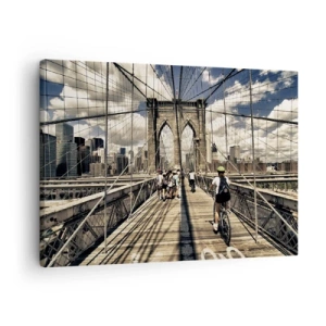 Canvastavla - Bild på duk - Brooklynbron med utsikt över fotgängare och cyklister - 70x50cm - Direkt till stadens kärna - Modern väggdekoration för vardagsrum och sovrum ARTTOR