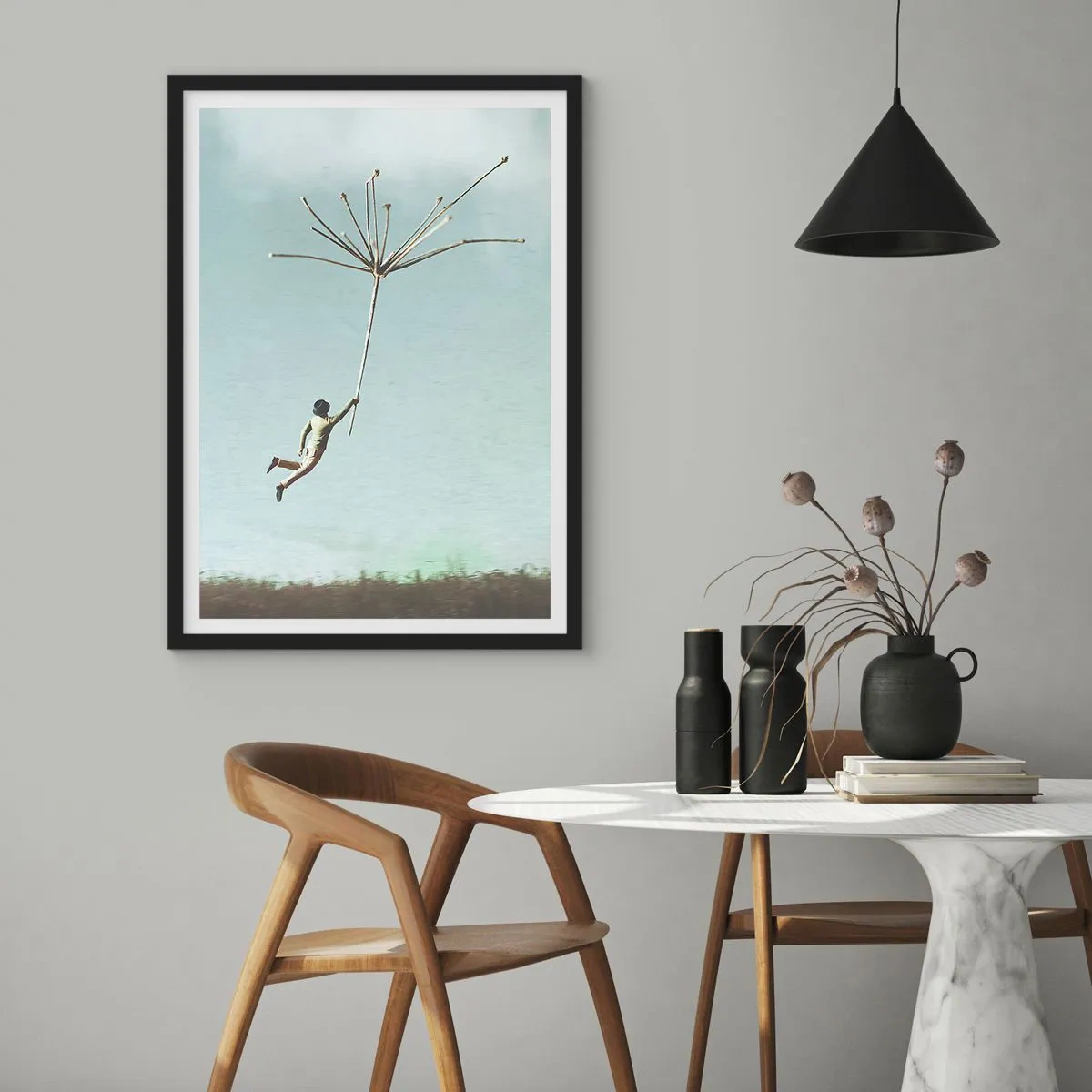 Affisch i svart ram - Drakar, maskrosor, vind - 61x91 cm