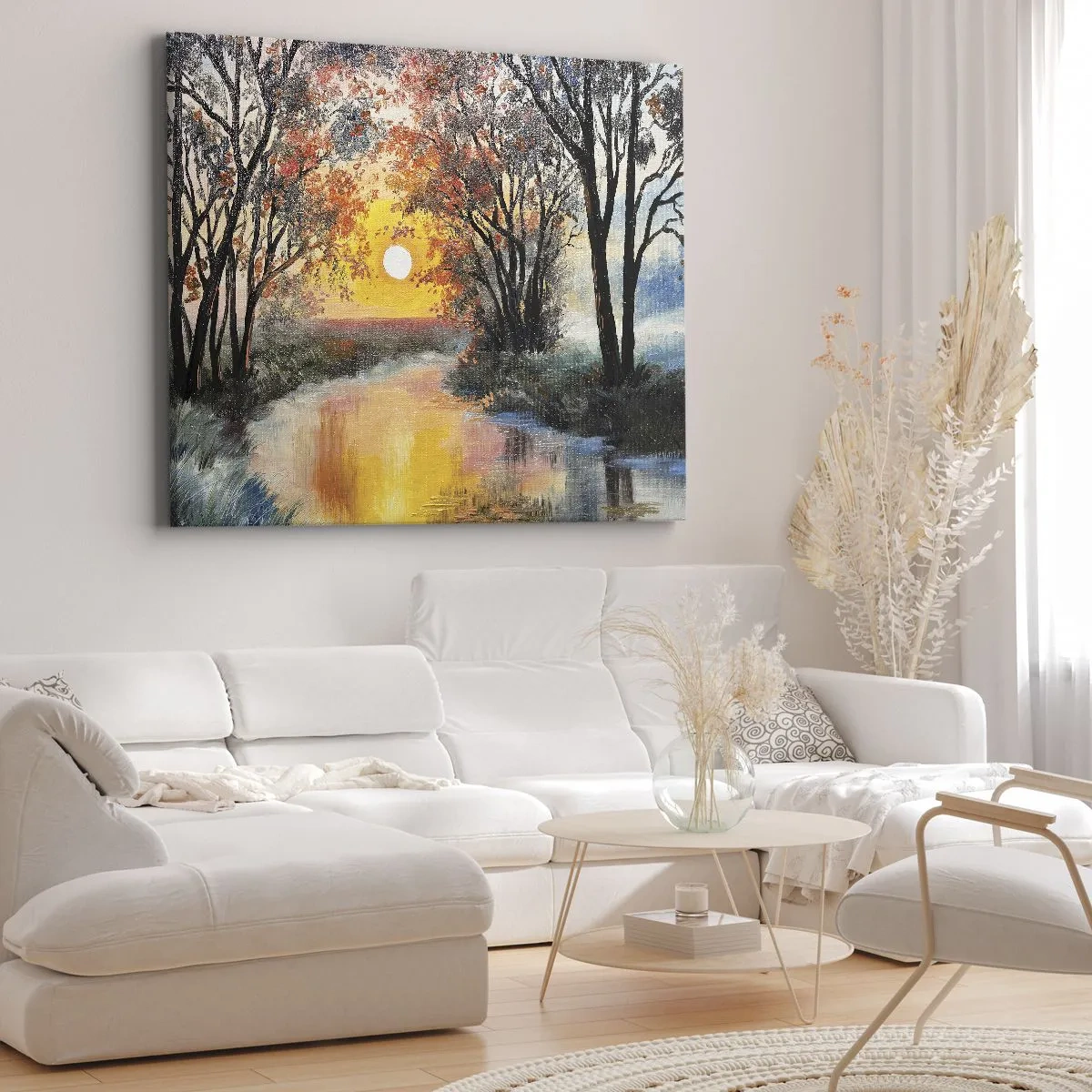 Canvastavla - Bild på duk - Solnedgång över floden i ett höstlandskap - 70x50cm - Höststämning - Modern väggdekoration för vardagsrum och sovrum ARTTOR