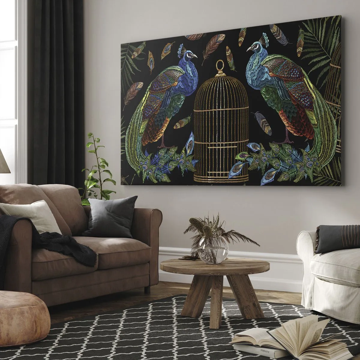 Canvastavla - Bild på duk - Påfåglar bredvid en gyllene bur på svart bakgrund - 70x50cm - I kungliga kläder - Modern väggdekoration för vardagsrum och sovrum ARTTOR