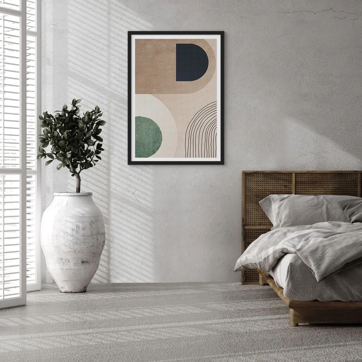 Affisch i svart ram - Geometrisk abstraktion i beige, gröna och svarta toner - 50x70cm - Ovalens mjukhet - Modern väggdekoration för vardagsrum och sovrum ARTTOR