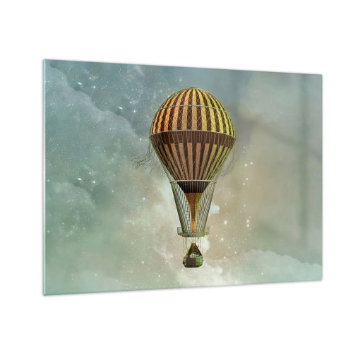 Glastavla - Bild på glas - En stiliserad ballong mot bakgrund av en stjärnklar himmel och moln. - 70x50cm - Banbrytande flygningar - Modern väggdekoration för vardagsrum och sovrum ARTTOR