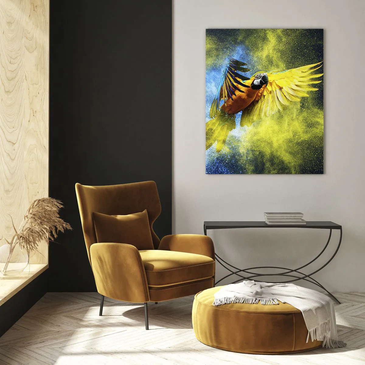 Glastavla - Bild på glas - I blå-gult damm - 70x100 cm