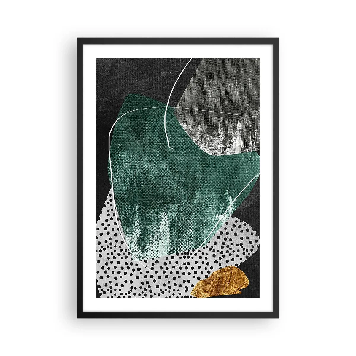 Affisch i svart ram - Abstrakt komposition i grönt och guld - 50x70cm - Färgstark abstraktion med en guldflinga - Modern väggdekoration för vardagsrum och sovrum ARTTOR