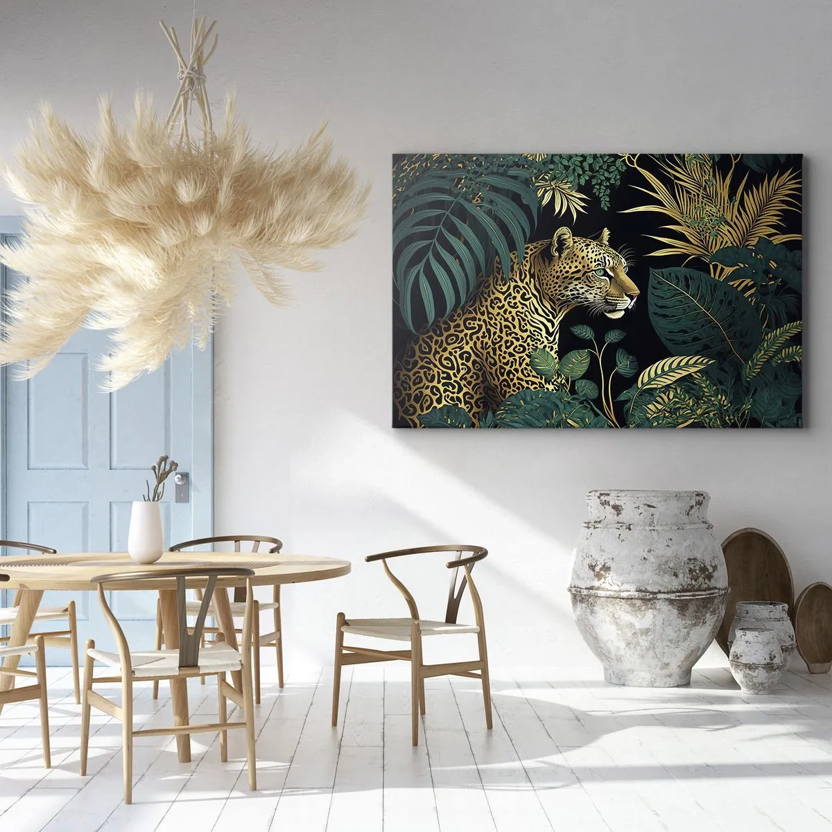 Canvastavla - Bild på duk - Leopard i tropiska löv på svart bakgrund - 70x50cm - Värden i djungeln - Modern väggdekoration för vardagsrum och sovrum ARTTOR