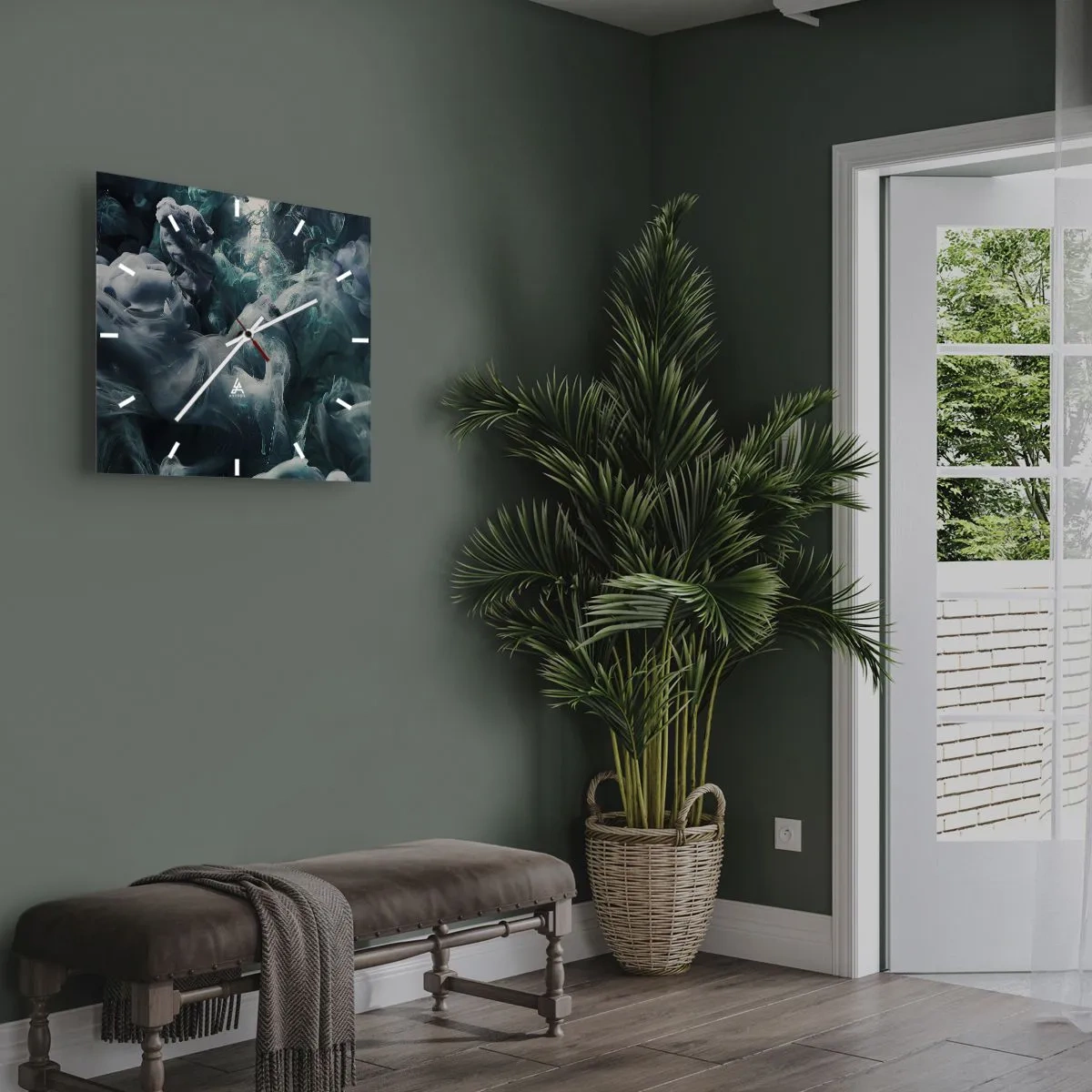 Väggklocka - Klocka på glas - Färg i rörelse - 30x30 cm