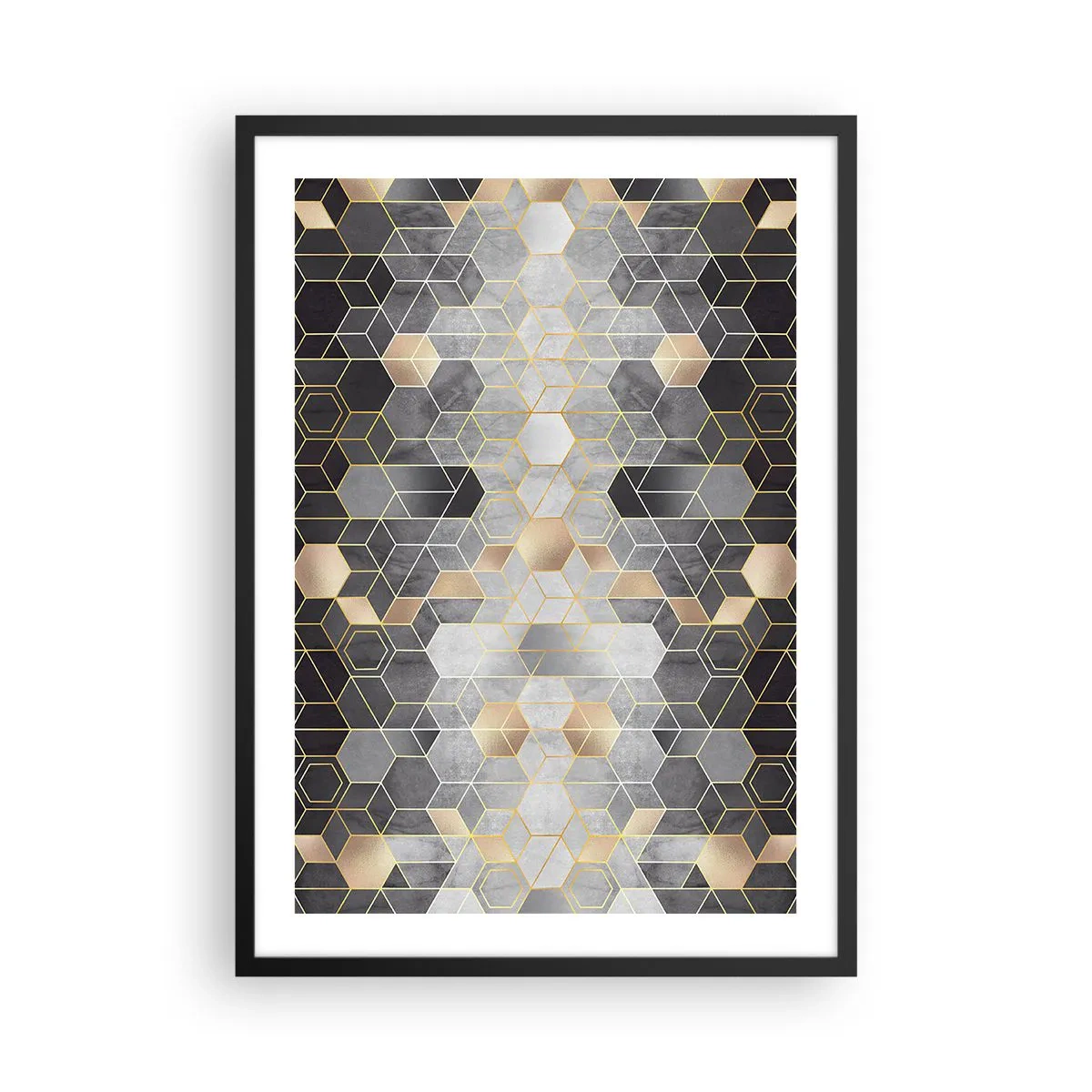 Affisch i svart ram - Geometriskt hexagonmönster i nyanser av guld och grått - 50x70cm - Diamantkomposition - Modern väggdekoration för vardagsrum och sovrum ARTTOR