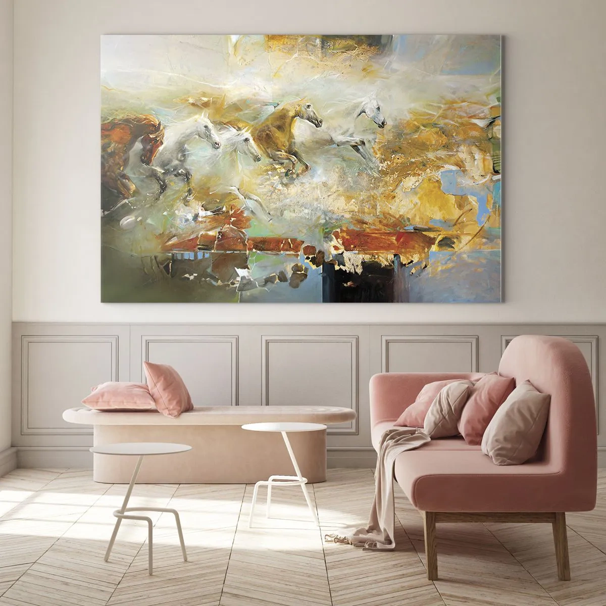 Glastavla - Bild på glas - Abstrakta hästar i dynamisk rörelse - 70x50cm - Galopp genom ljuset - Modern väggdekoration för vardagsrum och sovrum ARTTOR