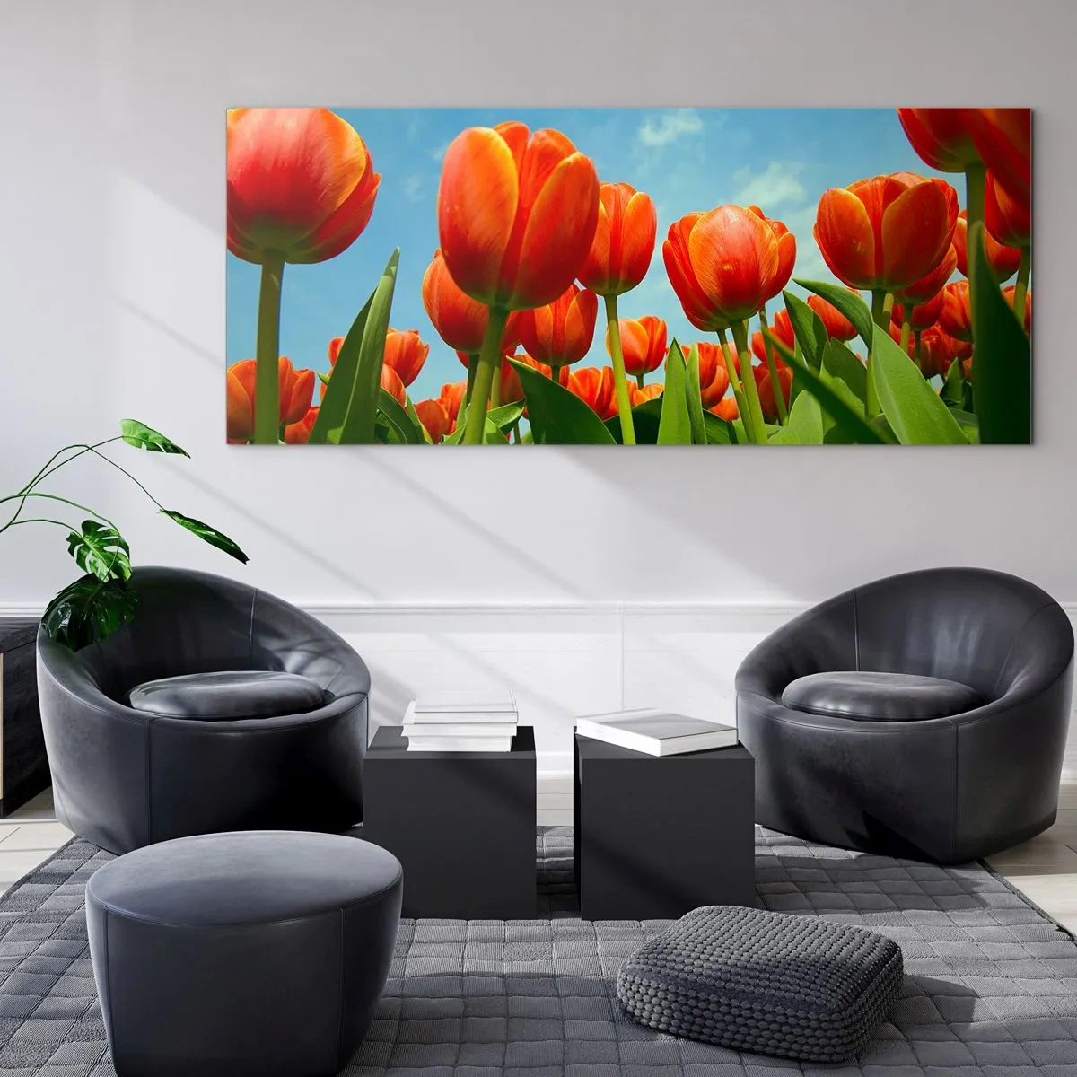 Glastavla - Bild på glas - Förutom blå himmel behöver vi inget annat i livet - 100x40 cm