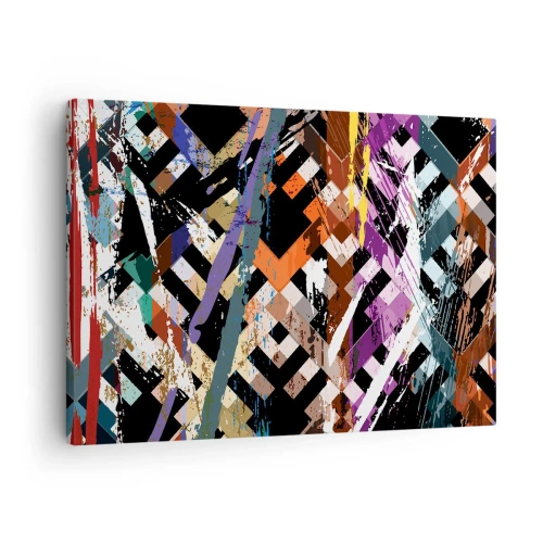 Canvastavla - Bild på duk - Abstrakt komposition med färgade linjer på svart bakgrund - 70x50cm - Kvadraten - Modern väggdekoration för vardagsrum och sovrum ARTTOR