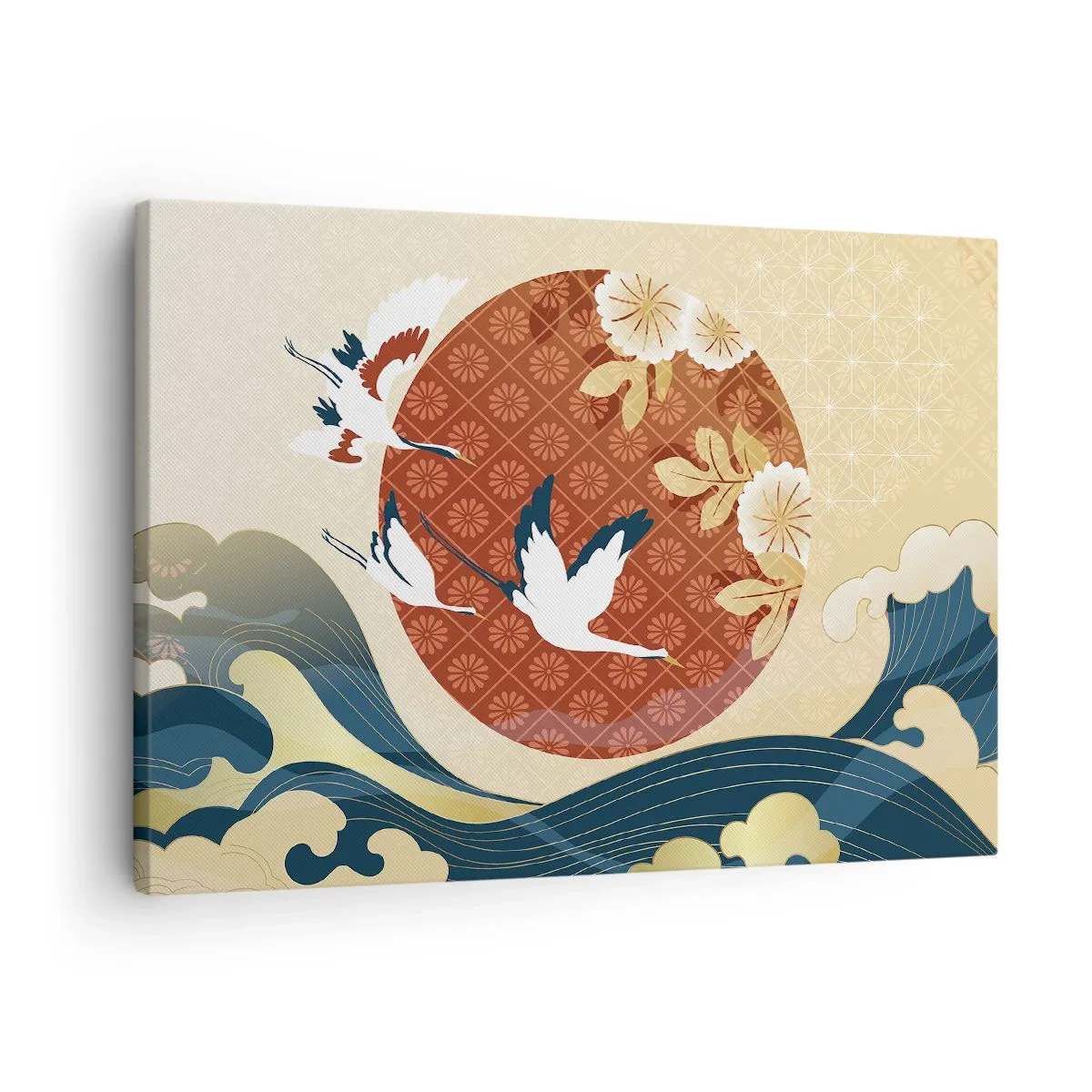 Canvastavla - Bild på duk - Japansk komposition med tranor och vågor - 70x50cm - Japansk saga - Modern väggdekoration för vardagsrum och sovrum ARTTOR