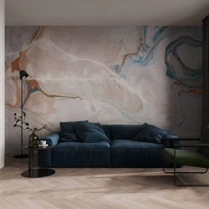 Fototapet Standard Eco - Blåa meanderlopp under vithet - Abstraktion, Bit, Modernt mönster - 300x210 cm