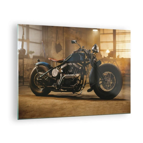 Glastavla - Bild på glas - Atmosfärisk bild av en klassisk motorcykel i ett garage - 70x50cm - Jag kan allt - Modern väggdekoration för vardagsrum och sovrum ARTTOR