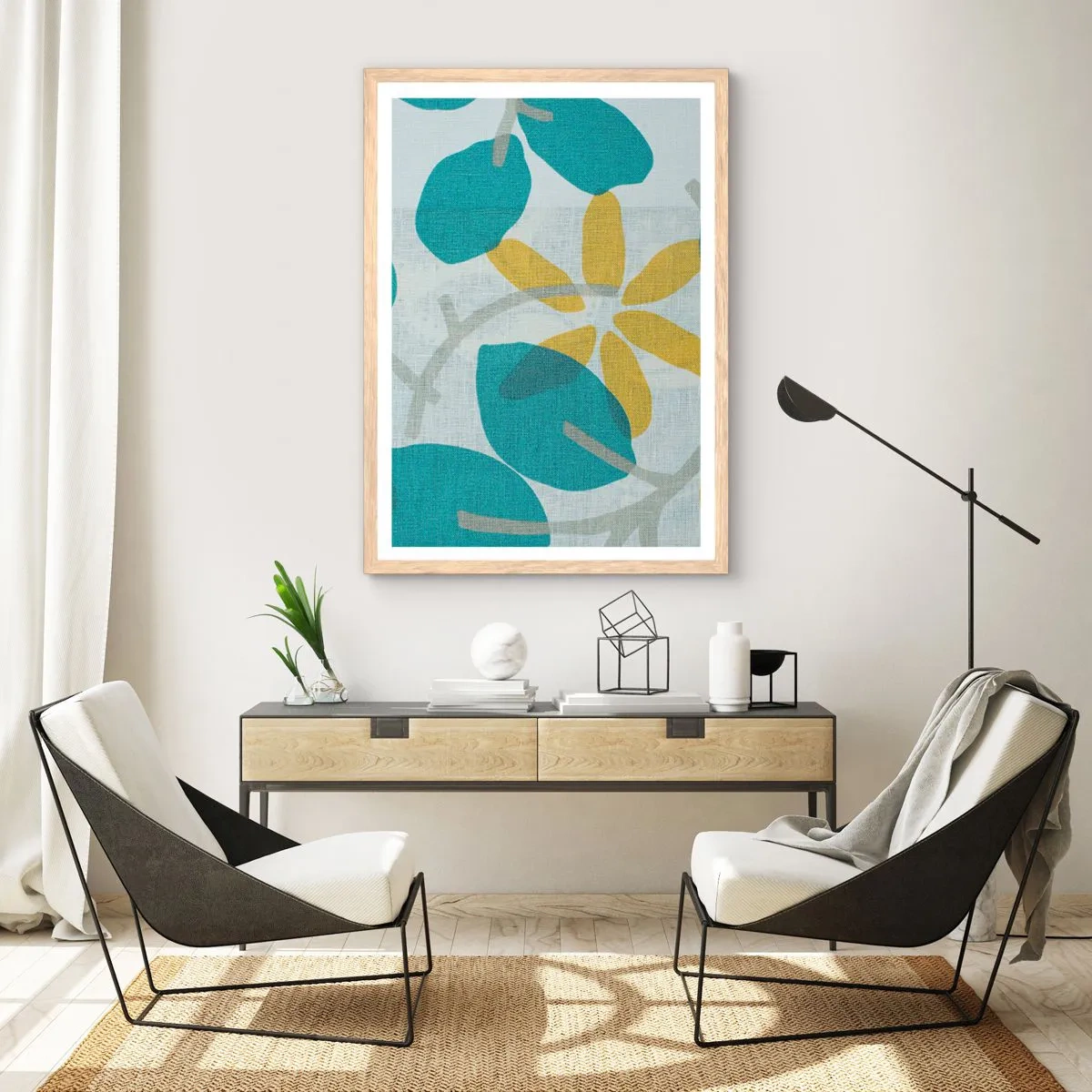 Affisch i ram av ljusek - Bland azurblå blad - 70x100 cm