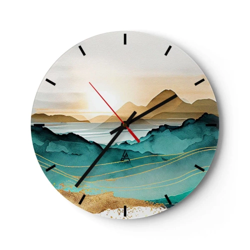 Väggklocka - Klocka på glas - Solnedgång över ett abstrakt bergslandskap - 30x30cm - På gränsen till abstraktion - landskap - Modern väggdekoration för vardagsrum, kök och sovrum ARTTOR