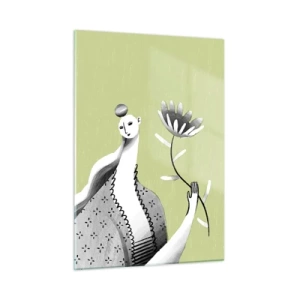 Glastavla - Bild på glas - Modernistiskt porträtt - håller i en blomma - 50x70 cm