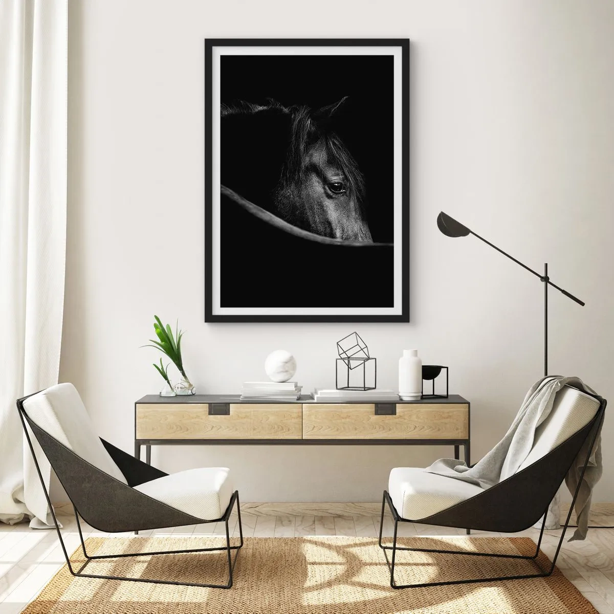 Affisch i svart ram - Svartvitt porträtt av en häst i ett konstnärligt tillvägagångssätt - 50x70cm - Svart prins - Modern väggdekoration för vardagsrum och sovrum ARTTOR