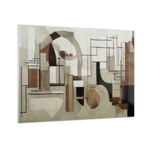 Glastavla - Bild på glas - Geometriskt landskap i nyanser av brunt och beige - 70x50cm - Stadsbild 2.0 - Modern väggdekoration för vardagsrum och sovrum ARTTOR