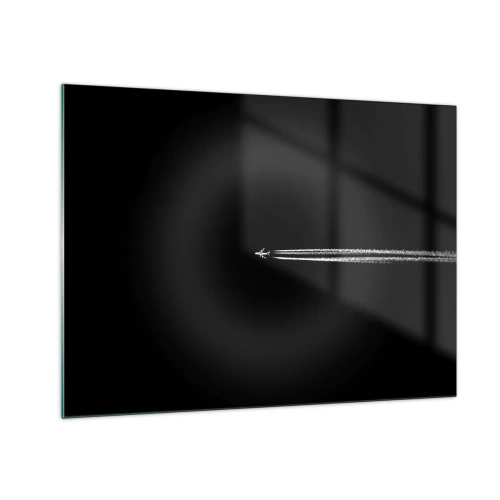Glastavla - Bild på glas - Ett jetplan på svart bakgrund med en kondensstrimma - 70x50cm - I en annan dimension - Modern väggdekoration för vardagsrum och sovrum ARTTOR