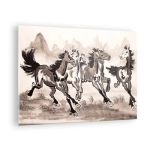 Glastavla - Bild på glas - En grupp galopperande hästar i kinesisk stil - 70x50cm - Glad galopp - Modern väggdekoration för vardagsrum och sovrum ARTTOR