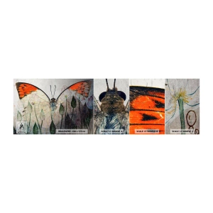 Provbit av självhäftande fototapet Deluxe Sticker - "När en fjäril gungar i gräset" - Abstraktion, Fjäril, Natur - 100x30 cm