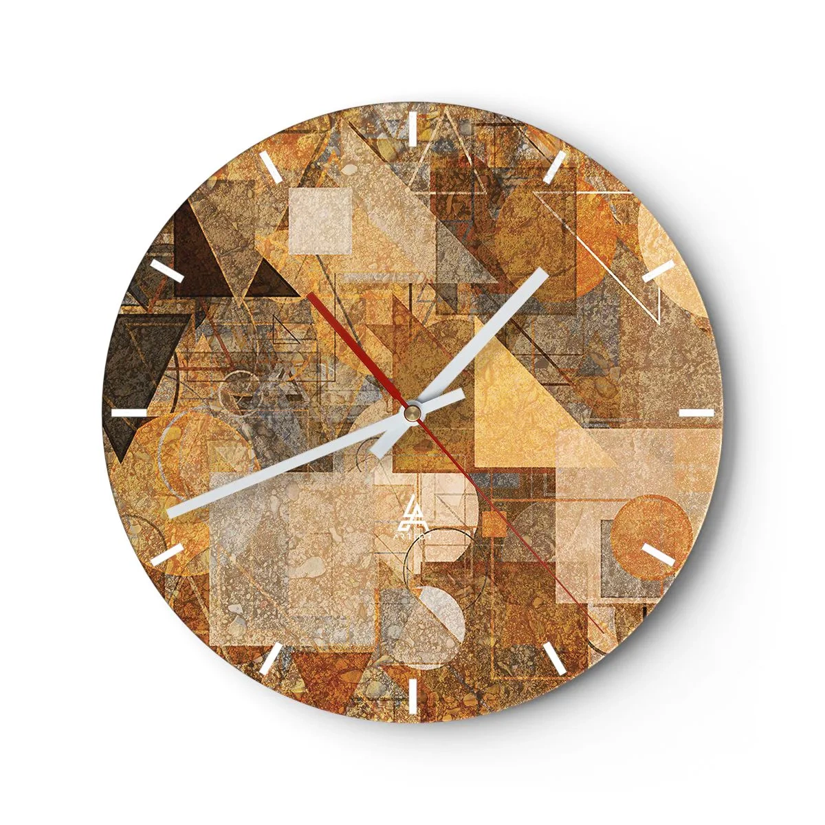Väggklocka - Klocka på glas - Geometrisk abstraktion i nyanser av guld och brunt - 30x30cm - Kubistisk studie i brun - Modern väggdekoration för vardagsrum, kök och sovrum ARTTOR