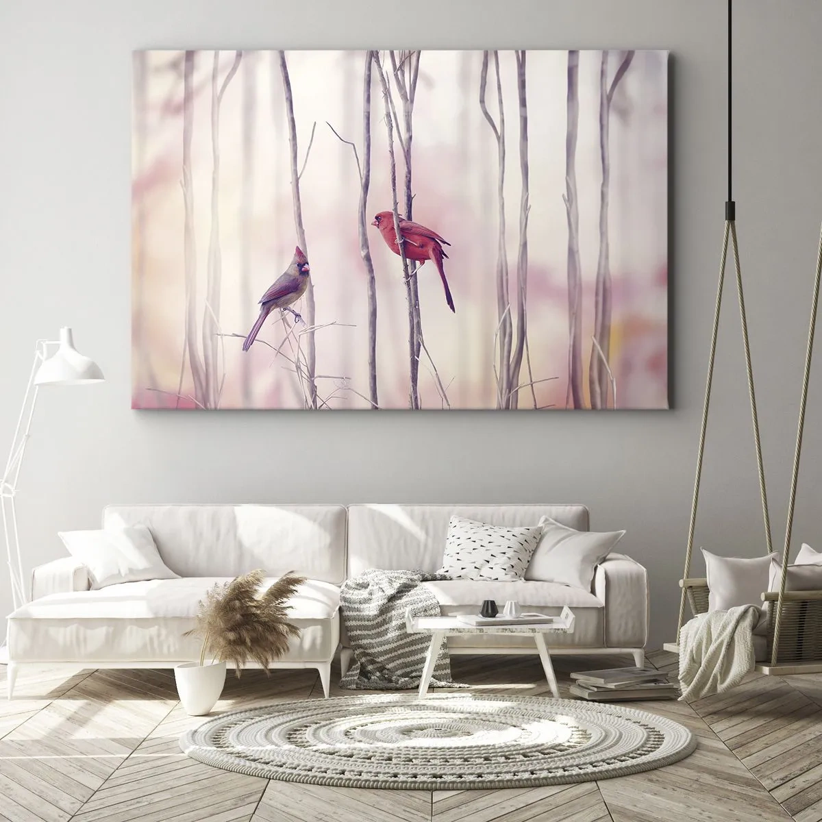 Canvastavla - Bild på duk - Ett par kardinaler uppe på grenar i ett pastellfärgat landskap - 70x50cm - Rosa skogens saga - Modern väggdekoration för vardagsrum och sovrum ARTTOR