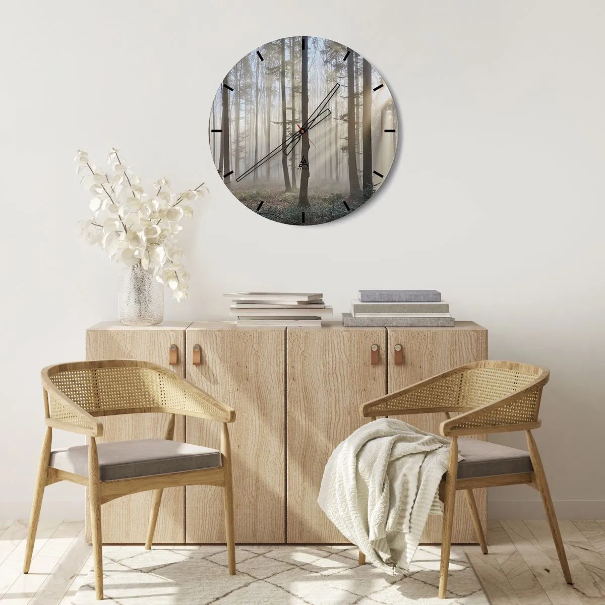 Väggklocka - Klocka på glas - Dimma som lyser genom träden i skogen - 30x30cm - Dimman är också vaken - Modern väggdekoration för vardagsrum, kök och sovrum ARTTOR