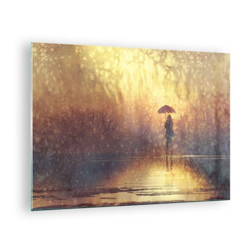 Glastavla - Bild på glas - En figur med ett paraply i ljuset av den nedgående solen och regnet - 70x50cm - Jag känner att någon tittar på mig - Modern väggdekoration för vardagsrum och sovrum ARTTOR
