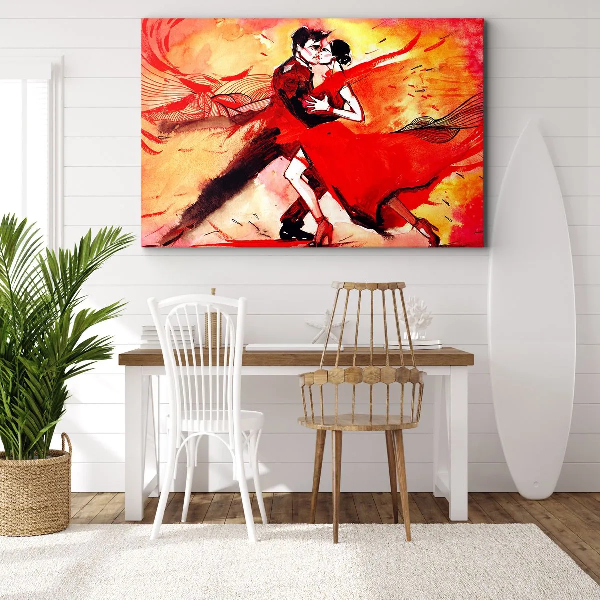Canvastavla - Bild på duk - Ett par som dansar tango i röda toner mot en dynamisk bakgrund. - 70x50cm - Passionens lila rytm - Modern väggdekoration för vardagsrum och sovrum ARTTOR